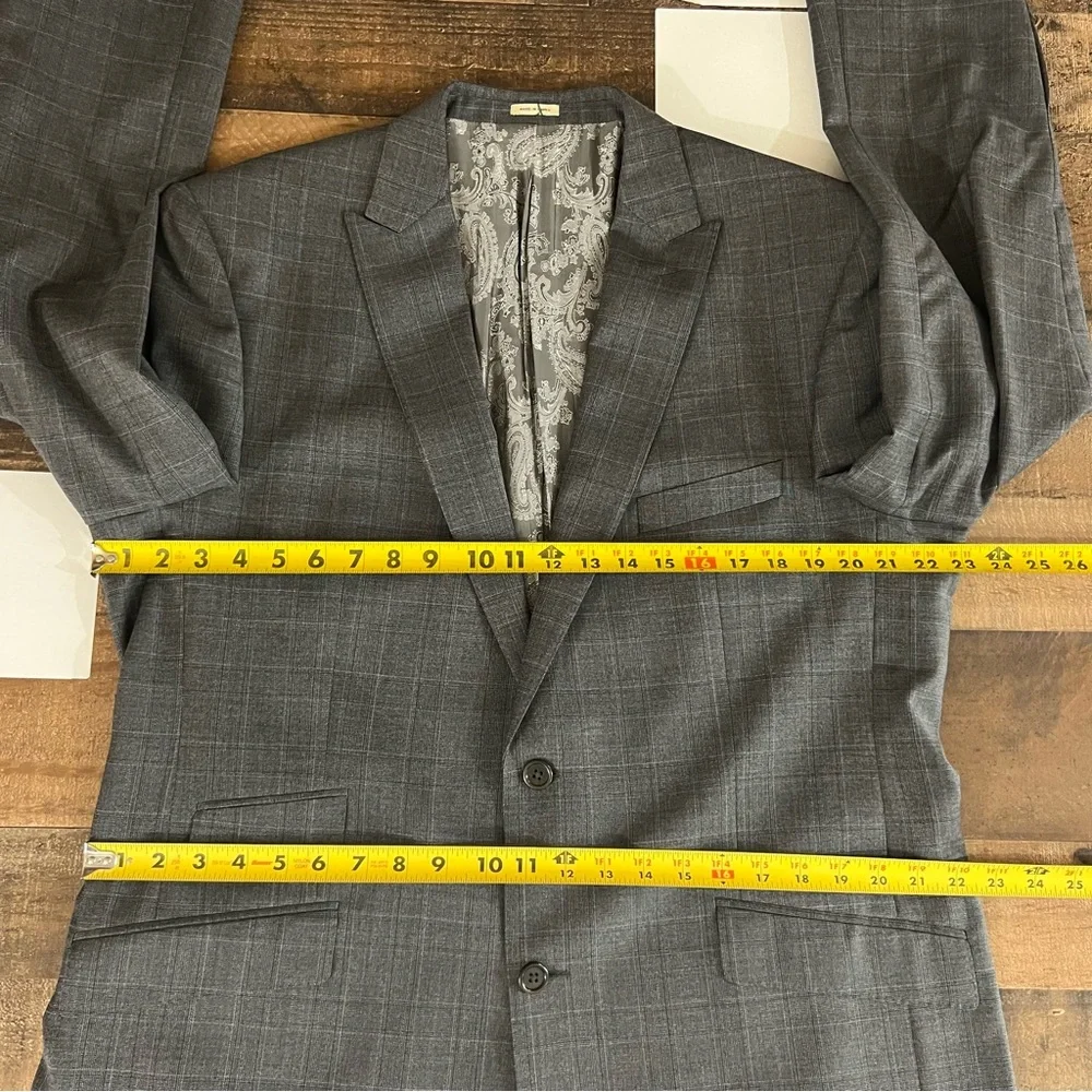 Joseph Abboud Suit Mens 45L Flat Front Pants‎ 35x31 Wool Grey Peak Lapel Plaid
